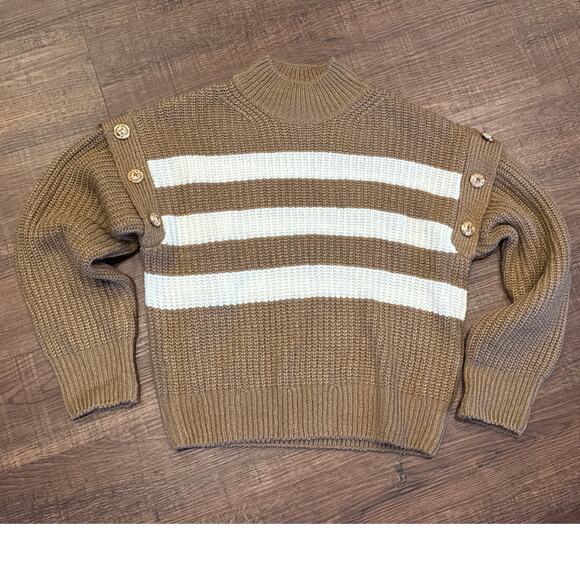 Hem & Thread Caspian Button Turtleneck Sweater Boxy Striped Brown Gold Buttons S - Picture 2 of 9